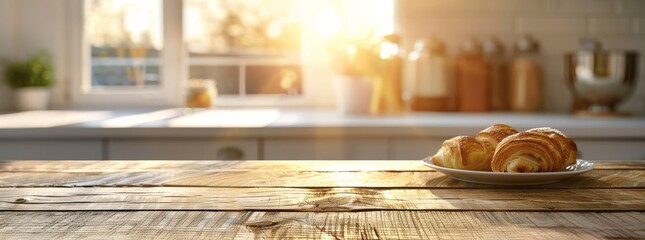 Warm, golden croissants on a rustic wooden table, basking in the morning sunlight in a cozy kitchen.