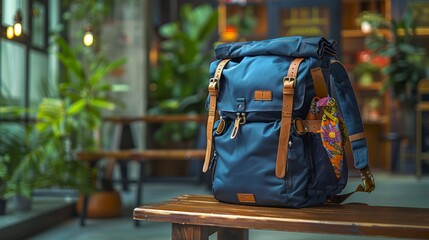 Obraz premium Stylish Blue Backpack in Cozy Indoor Cafe Setting with Plants