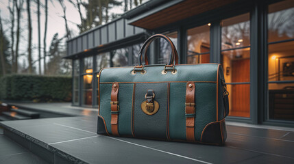 Obraz premium a vintage high-end luxury leather suitcase in a chic hotel lounge, green and brown colors