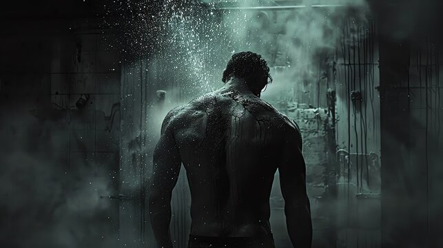 A muscular man with his back turned to the camera is standing in a dark room