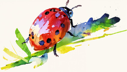Ladybug on colorful leaves and flowers. Watercolor stylized illustration on white background. Nature and insect concept. Macro shot.