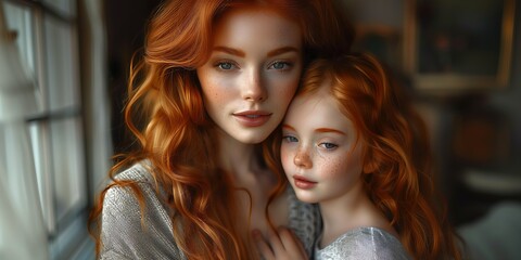Close-up portrait of mother and daughter with red hair embracing each other. Mother gazes at camera, daughter looks to the side. Both have blue eyes and light clothing.
