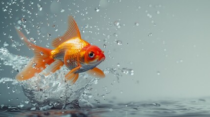 Vibrant Orange Goldfish Leaping from Water with Splash in High Detail