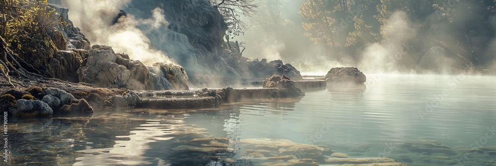 Poster steam rising from a hot spring in a lush, misty forest on a cool morning. generative ai