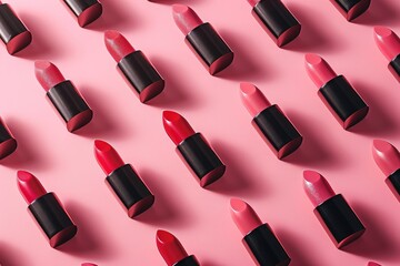 Fototapeta premium Many lipsticks in different shades of red and pink colors on pink background. Fashion, makeup and beauty concept. Decorative cosmetic products. Creative pattern. Flat lay, top view