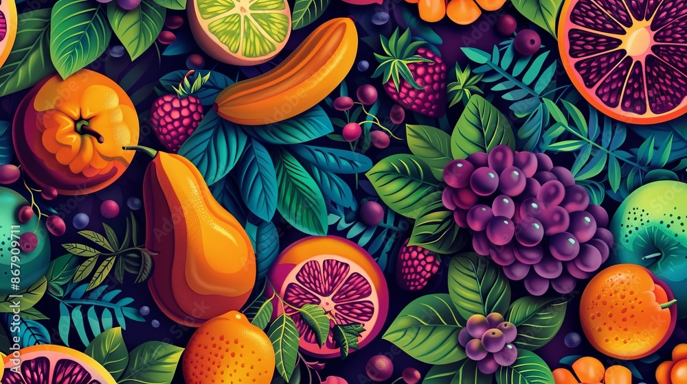 Fototapete a close-up image featuring a colorful pattern of various fruits, including lime, orange, grape, and 