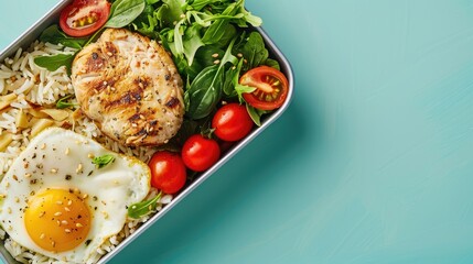 Tasty meal in lunch box on bright background with room for text