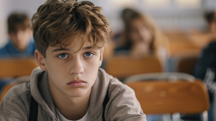 A young teenage boy with curly brown hair and blue eyes sits in a school classroom, looking down with a sad expression on his face.