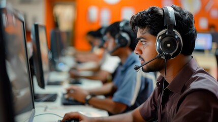 A row of men work at their desks in a call center in India. They are all wearing headsets and focused on their work.