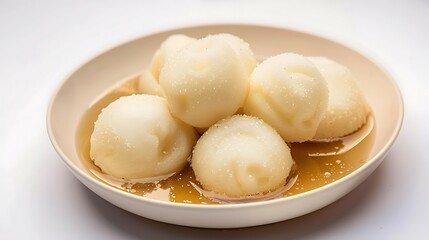 Soft spongy rasgulla soaked in sweet syrup on a white background