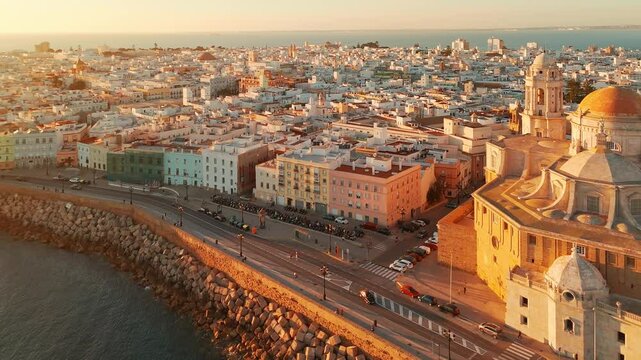 Aerial view of the Cathedral de Santa Cruz at sunset in Cadiz, Andalusia, Spain.