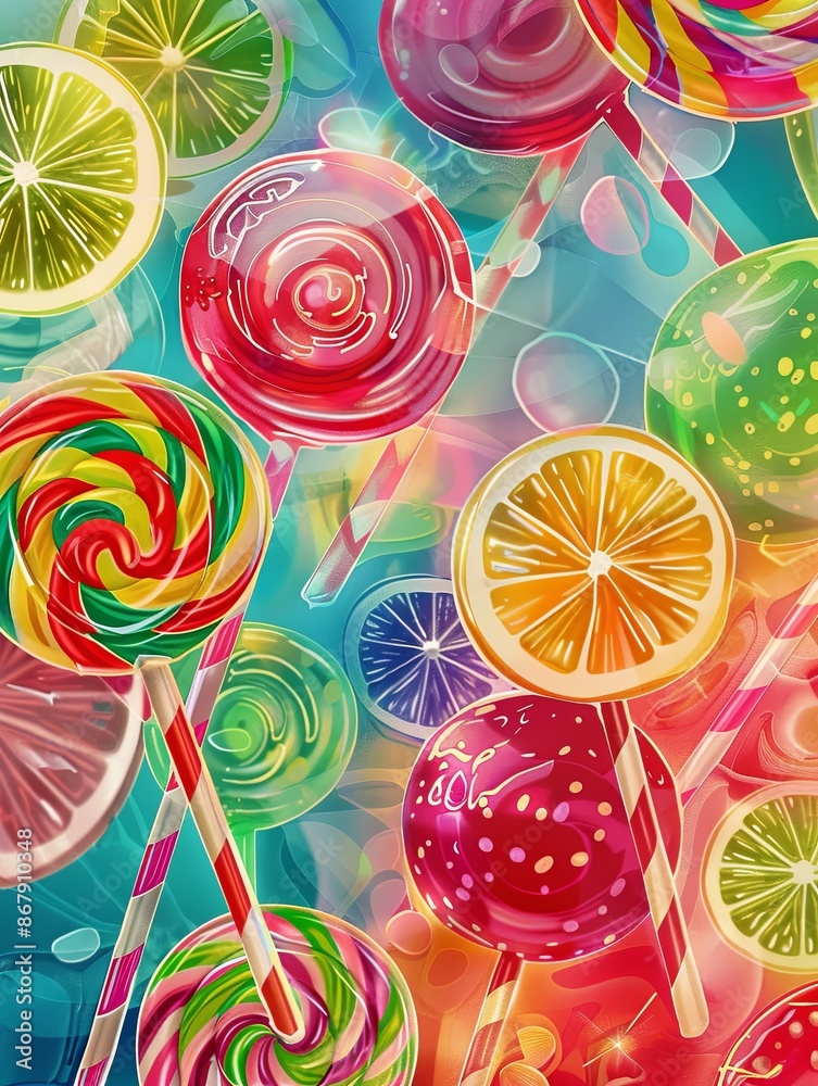 Poster a vibrant abstract illustration featuring colorful lollipops and lemon slices against a bright blue 