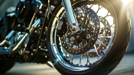 Close-up of a motorcycle wheel with shiny chrome parts and a detailed brake disc mechanism. The sunlight highlights the polished metal surface.