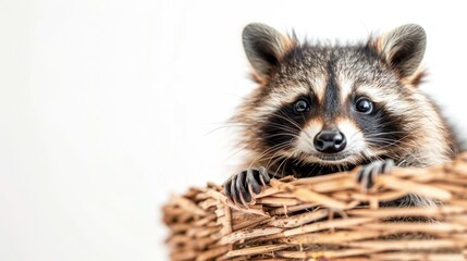 Obraz premium Curious raccoon in basket, on white background with ample space for text placement
