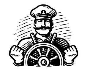 Ship captain at helm wheel. Sailing, sailor emblem or logo. Black and white vector illustration