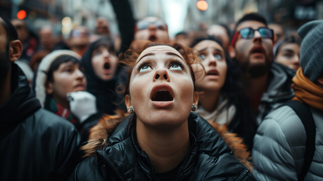 A crowd of people in the street stare upwards in shock, their mouths agape and eyes wide with disbelief.