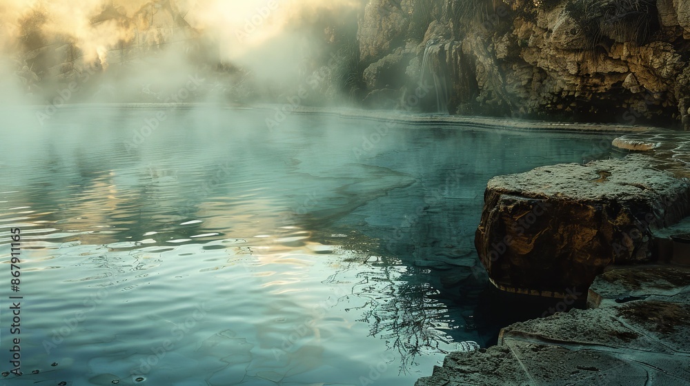 Poster a serene hot spring pool surrounded by mist and rocky cliffs. the water is clear and inviting, with 