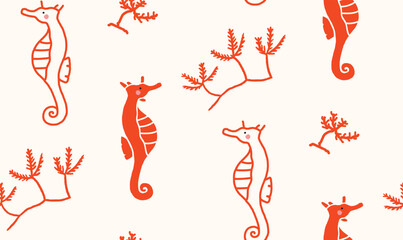 Seamless pattern with hand-drawn seahorses. Hand drawing sketch illustration for kitchen cover, fabric, wallpaper, wrapping paper, or textile. Adds a touch of marine charm to any project.