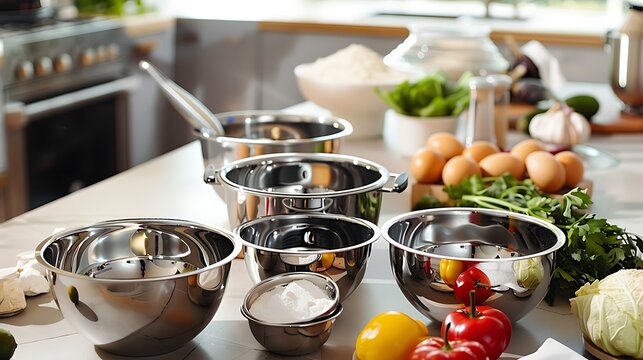 Versatile mixing bowl set various sizes ideal for food preparation placed on a kitchen island with fresh ingredients ready for baking