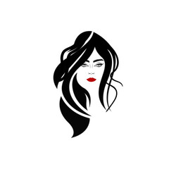 Beauty logo, beautiful woman face, sexy red lips, eyelash extensions, fashion woman, curly hairstyle, hair salon sign