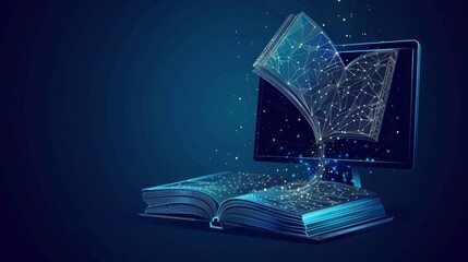 A low-poly wireframe image of an open book on a PC screen symbolizes online education. This abstract digital vector illustration represents online reading or courses with a blue background.