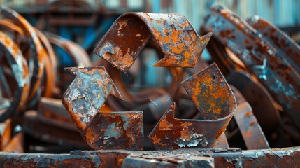 Rusty metal recycling symbol in scrapyard, environmental concept
