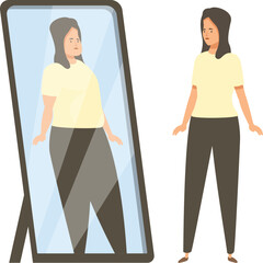 Young woman is unhappy with her body image as she sees a distorted, overweight reflection