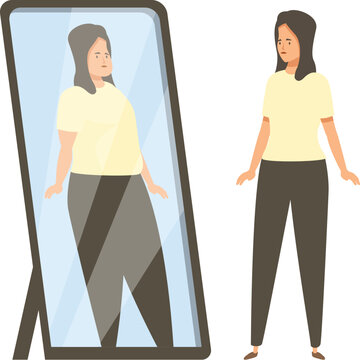 Young woman is unhappy with her body image as she sees a distorted, overweight reflection