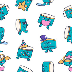 Cartoon kawaii drum character with sticks. Seamless pattern. Funny musical personage with drumsticks. Hand drawn style. Vector drawing. Design ornaments.