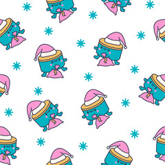 Cartoon kawaii drum character with sticks. Seamless pattern. Funny musical personage with drumsticks. Hand drawn style. Vector drawing. Design ornaments.