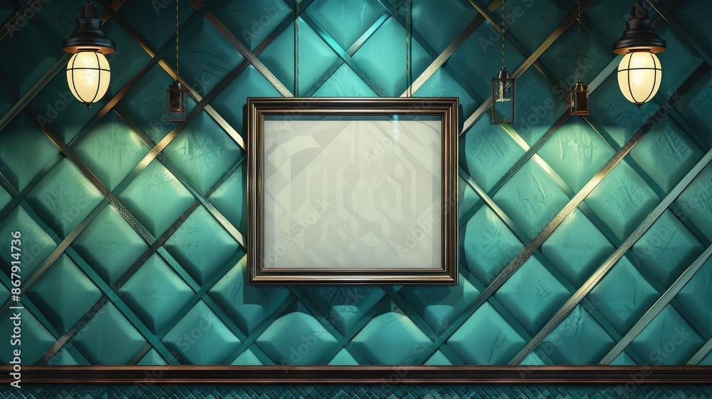 Poster a gallery scene with frames that have an argyle pattern on a diamond-patterned teal wall, illuminate