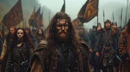 Obraz premium Long-Haired Warrior Leading Army of Soldiers in Battle Formation