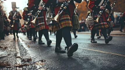 Scottish Bagpipe Players March Down a Street in a Parade