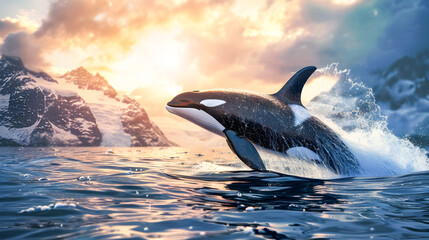Obraz premium Magnificent killer whale also known as the orca leaping powerfully from the surface of the ocean against a stunning sunset sky with dramatic clouds