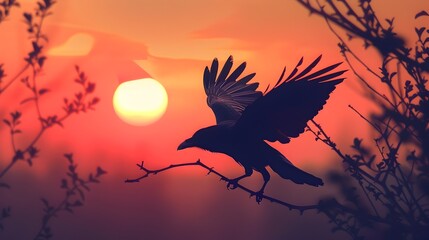 Fototapeta premium Majestic crow silhouetted against a vibrant colorful sunset sky The bird is in flight soaring up from a perch on a tree branch its wings outstretched in a graceful display of power and freedom