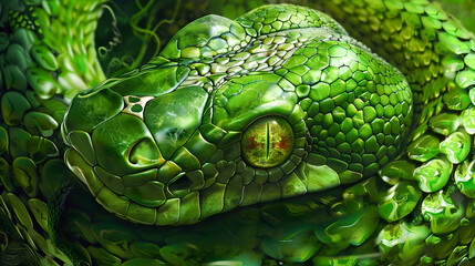 Mesmerizing close up of a green python its intricate scales blending seamlessly with the verdant foliage of its natural habitat in the jungle or rainforest