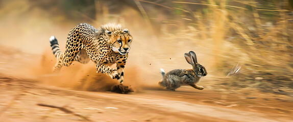 Powerful cheetah sprinting at full speed to catch its prey a fleeing rabbit on a dusty dirt road in the wild  This action packed scene captures the natural predator prey dynamic in a dramatic