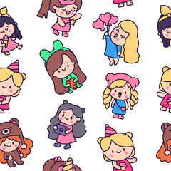 Cute kawaii little girl. Seamless pattern. Happy kid cartoon character. Hand drawn style. Vector drawing. Design ornaments.