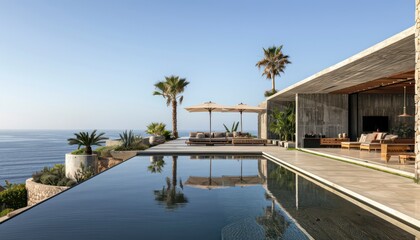 beautiful pool house with a panoramic sea view