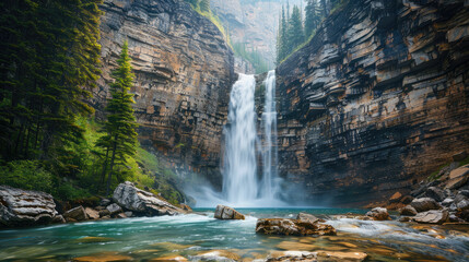 A waterfall cascades over a rugged cliff into a tranquil turquoise pool, surrounded by lush green trees and large rocks under a misty sky.