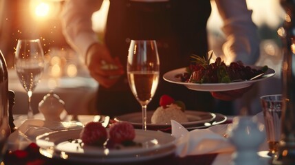 For a luxurious Valentine's Day or anniversary meal, enjoy fine dining with formal hospitality. A server will present a fancy dish for your special dinner date at the restaurant.