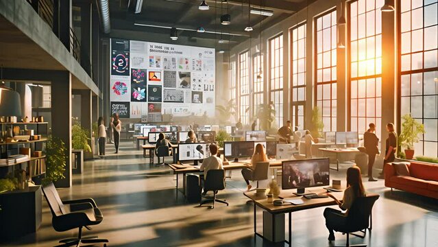 Creators working in productive environment. Stylish open space with sunlight