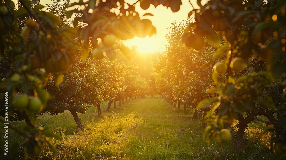 Aufkleber A view down a pathway in an orchard with fruit trees and golden hour sunlight shining through the branches. Generative AI