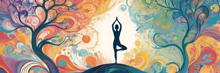 Energetic Yoga Pose on Abstract Vibrant Swirls