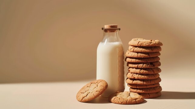 Milk bottle with stack of cookies on beige background, minimalistic snack concept