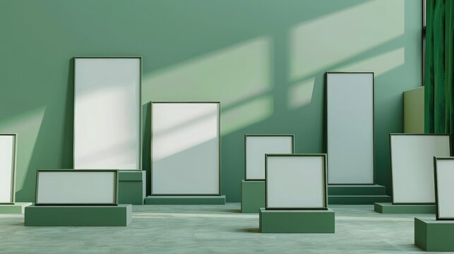 A minimalist art gallery scene with multiple blank mockup posters in forest green frames, set against a calming seafoam green wall without any human presence