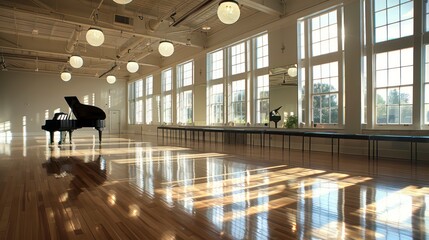 ballet studio with large windows casting shadows across a wooden floor and a black piano in the...