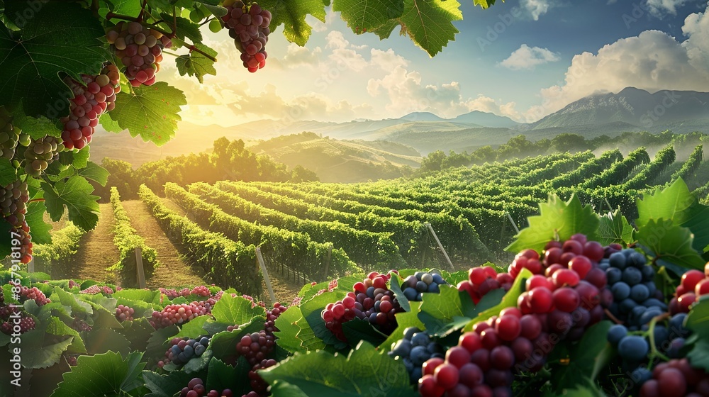 Poster A close-up of red and blue grapes in a vineyard, with rows of grapevines stretching into the distance. The sun sets over a landscape of rolling hills and mountains. Generative AI