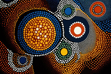 Australian aboriginal traditional dot painting style art in bright colors.