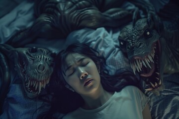 Calm sleep of woman horror monsters close behind. Woman's deep sleep interrupted surreal colorful nightmare beings. Battle calm sleep and nightmarish subconscious entities.